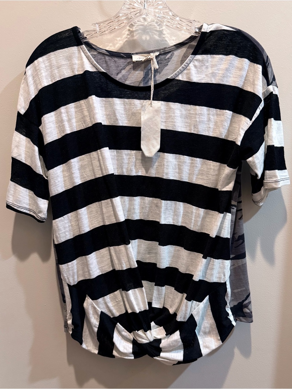 Mystree Black and White Striped Knot-Front Tee / Black-Grey Camo Back-S